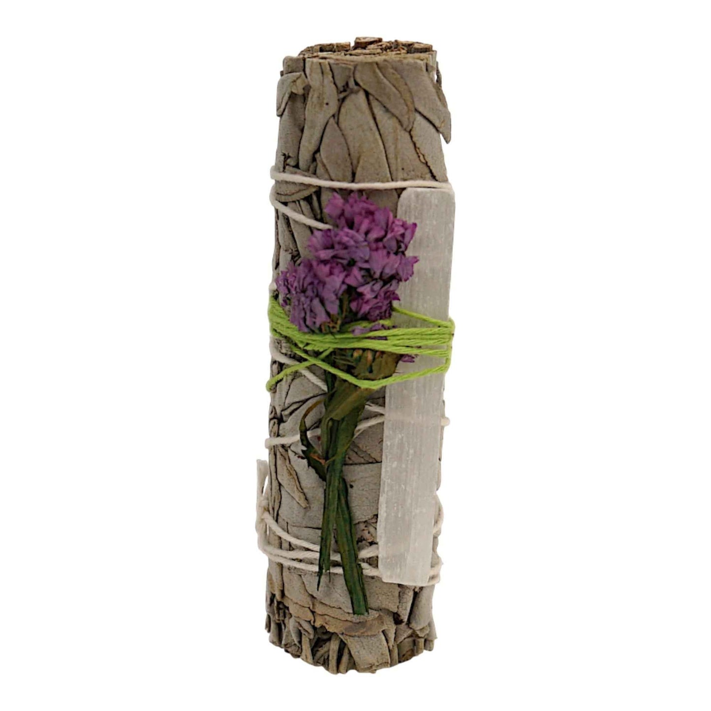 White Sage, Selenite & Pink Flower Smudge Bundle (4")