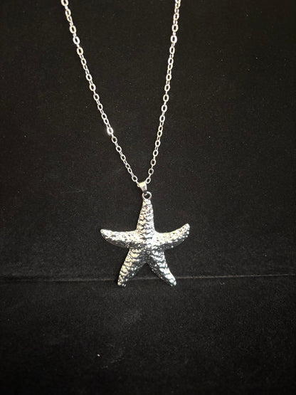 Silver Textured Starfish Pendant Necklace