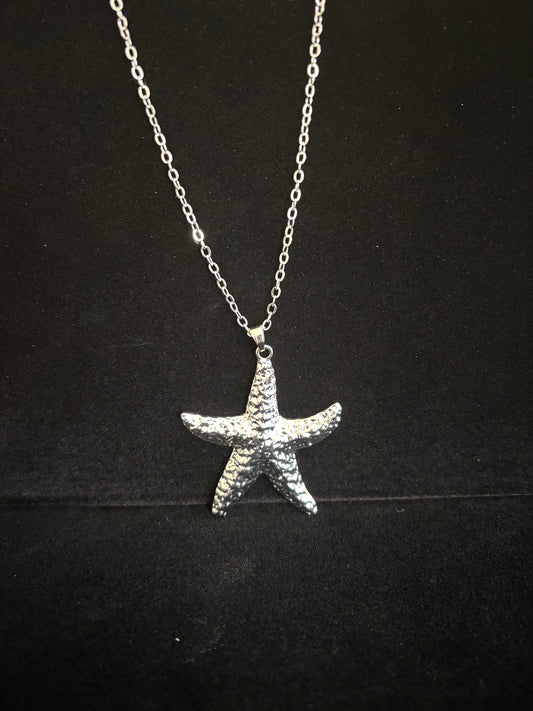 Silver Textured Starfish Pendant Necklace