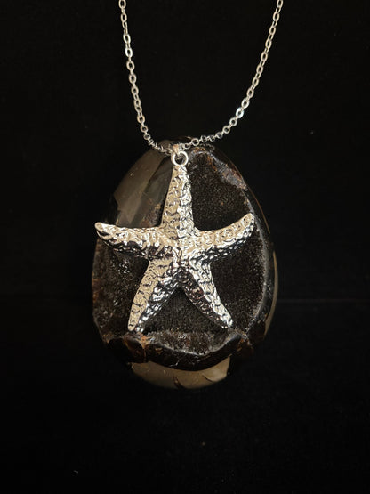 Silver Textured Starfish Pendant Necklace