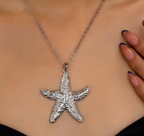 Silver Textured Starfish Pendant Necklace